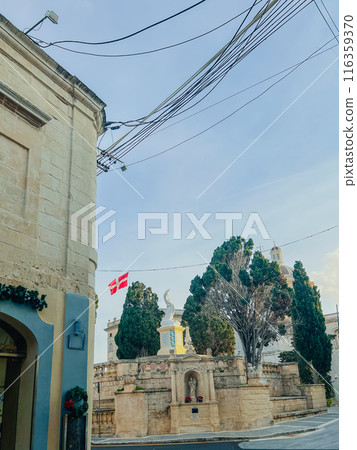 Colorful streets and yards in the old town of Mdina, Malta. View from the top of the cafe 116359370
