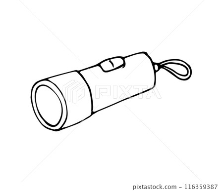 Flashlight in doodle style. Hand-drawn pocket portable lantern. Camping tool. Isolated on white. Flashlight in doodle style. Hand-drawn pocket portable lantern. Camping tool. Isolated on white. 116359387
