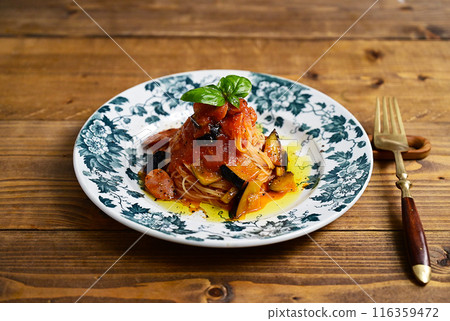 Cold eggplant and tomato pasta 116359472
