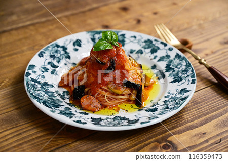 Cold eggplant and tomato pasta Cold eggplant and tomato pasta 116359473