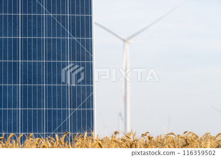 Solar panel and wind turbine on an agricultural field. Sustainable energy Solar panel and wind turbine on an agricultural field. Sustainable energy 116359502