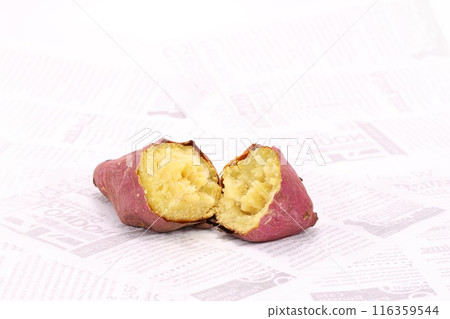 Baked sweet potato, Beni Yuuka, cut open, bright background 116359544