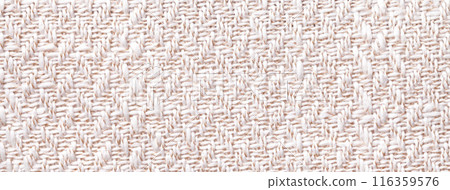 Texture of white color background from woven textile material with wicker pattern, macro. Vintage cream fabric 116359576