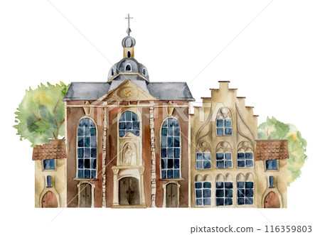 Old European city town street house church. Historical cityscape religious building, green trees. Watercolor hand drawn illustration. Tourist shops, souvenirs, travel brochures, architectural bureau 116359803
