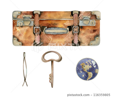 Retro vintage suitcase with stickers and pins, luggage baggage icons key. Watercolor hand drawn art of isolated object. Design for tourism, travel, brochure, wedding, guide, print, card, tattoo. 116359805
