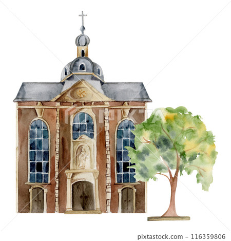 Old European city town street house church. Historical cityscape religious building, green trees. Watercolor hand drawn illustration. Tourist shops, souvenirs, travel brochures, architectural bureau Old European city town street house church. Historical cityscape religious building, green trees. Watercolor hand drawn illustration. Tourist shops, souvenirs, travel brochures, architectural bureau 116359806