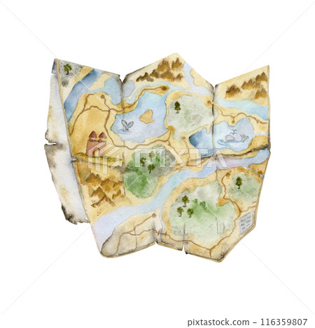 Unfolded paper map for navigation and orientation, region view. Watercolor hand drawn illustration of isolated object. Design for tourism, travel, brochure, wedding, guide, print, card, tattoo. 116359807