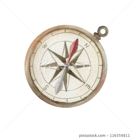 Travel navigation accessory for tourist, old vintage compass wind rose. Watercolor hand drawn illustration of isolated object. Design for tourism, travel brochure, booklet, guide, print, card, tattoo. Travel navigation accessory for tourist, old vintage compass wind rose. Watercolor hand drawn illustration of isolated object. Design for tourism, travel brochure, booklet, guide, print, card, tattoo. 116359811