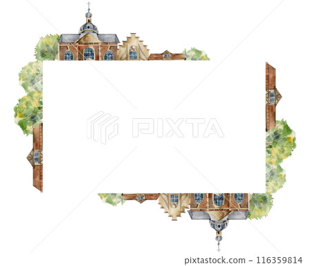 Old European city town street house church. Historical cityscape religious building, green trees. Watercolor hand drawn border frame. Tourist shops, souvenirs, travel brochures, architectural bureau Old European city town street house church. Historical cityscape religious building, green trees. Watercolor hand drawn border frame. Tourist shops, souvenirs, travel brochures, architectural bureau 116359814
