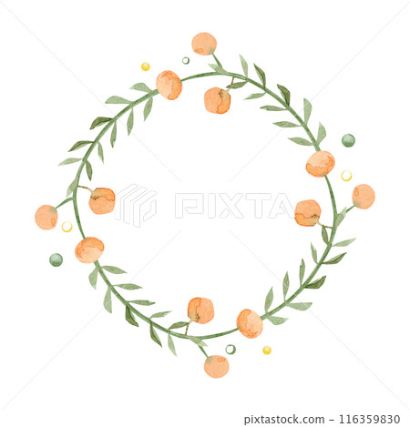 Watercolor circular frame with green branches and peach colored fruit. Watercolor circular frame with green branches and peach colored fruit. 116359830