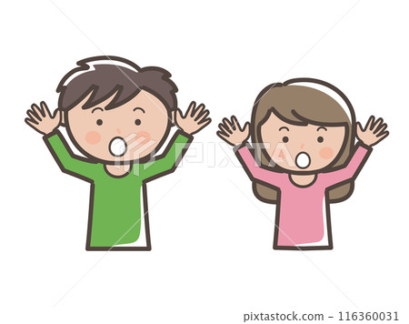 Upper body illustration of a young man and woman surprised with their hands raised 116360031