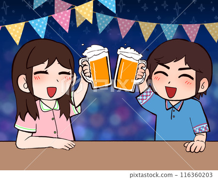 Anime male and female characters toasting with beer Anime male and female characters toasting with beer 116360203