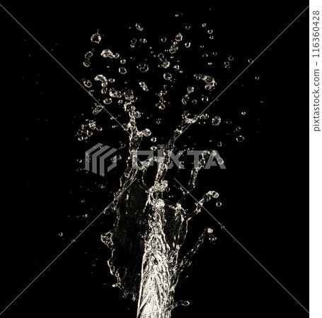 Crown water to object make curve drop explosion in ripple motion. Black background isolated. Crown Water splash on object to create shape form fluttering in droplet and wave. Crown water to object make curve drop explosion in ripple motion. Black background isolated. Crown Water splash on object to create shape form fluttering in droplet and wave. 116360428