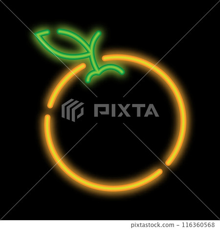 Neon glowing whole orange fruit, juicy citrus. Harvesting tropical fruits. Glowing neon icon isolated on black background Neon glowing whole orange fruit, juicy citrus. Harvesting tropical fruits. Glowing neon icon isolated on black background 116360568