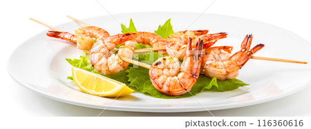 Elegant Cooked Shrimp Platter Served on White Porcelain with Fresh Parsley Garnish, Asian Cuisine with Chopsticks, Gourmet Seafood Appetizer Isolated on White Background, Delicious Prawn Dish 116360616
