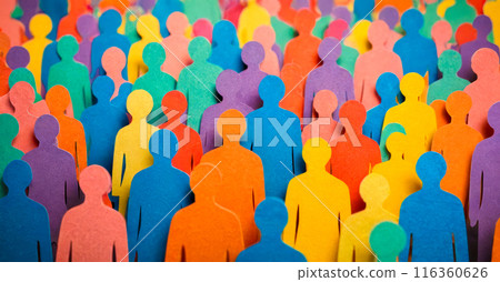 Colorful paper people figures symbolizing unity in diversity, representing societal equality, multicultural cooperation, community inclusion, and social diversity 116360626