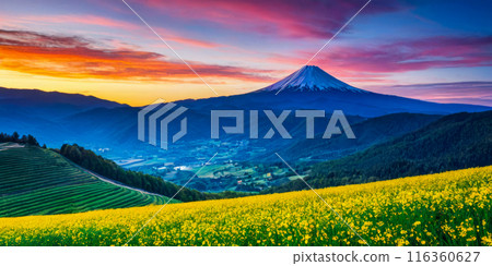 Sunset over Mount Fuji with Yellow Rapeseed Blossom Fields, Vibrant Sky Colors, Scenic Landscape View, Japanese Natural Beauty, Tourist Attraction Panorama Sunset over Mount Fuji with Yellow Rapeseed Blossom Fields, Vibrant Sky Colors, Scenic Landscape View, Japanese Natural Beauty, Tourist Attraction Panorama 116360627