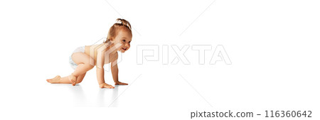 Happy, smiling baby girl in diaper moving, crawling isolated on white background. Active and healthy. 116360642