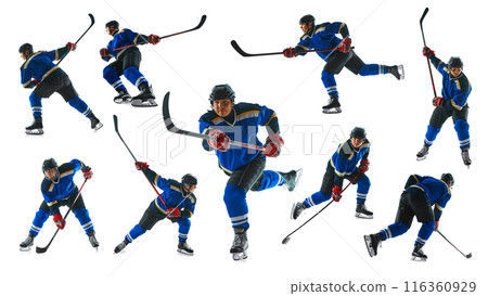 Game-ready skilled player, geared up and focused, in motion with stick, training on white studio background. Collage. Game-ready skilled player, geared up and focused, in motion with stick, training on white studio background. Collage. 116360929