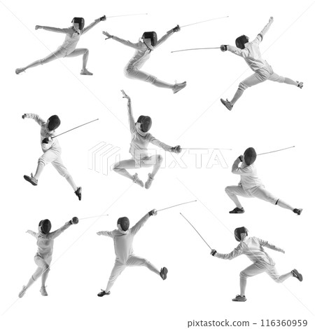 Collage. Dynamic images of male athlete in fencing costume with sword in hand in action isolated on white studio background. Collage. Dynamic images of male athlete in fencing costume with sword in hand in action isolated on white studio background. 116360959
