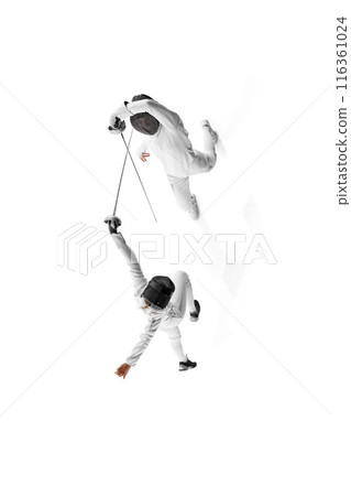 Poster. View from above of two female athletes, fencers work on their footwork and blade technique against white studio background. Poster. View from above of two female athletes, fencers work on their footwork and blade technique against white studio background. 116361024