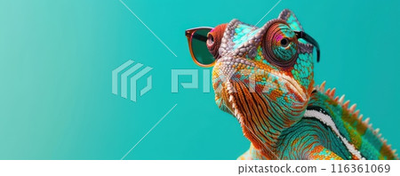 Photo of a chameleon wearing sunglasses on an isolated green background. Photo of a chameleon wearing sunglasses on an isolated green background. 116361069