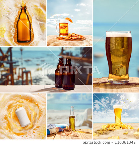 Collage. Variety of refreshing drinks on a beach, people enjoying cold beers on the sand with colorful umbrellas in the background. 116361342