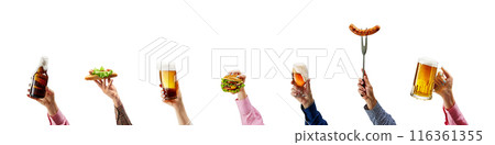 Collage. Close-up of several hands holding different drinks and food, including beer, burger and sausage. 116361355