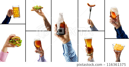Collage with food and drinks. Variety of beers and food, including hamburgers, sausages, and chips. 116361375