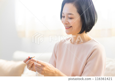 老婦人在客廳裡編織 老婦人在客廳裡編織 116361421