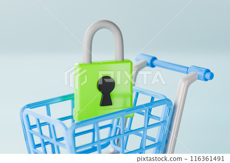 3D render of padlock in shopping cart on pink background 116361491