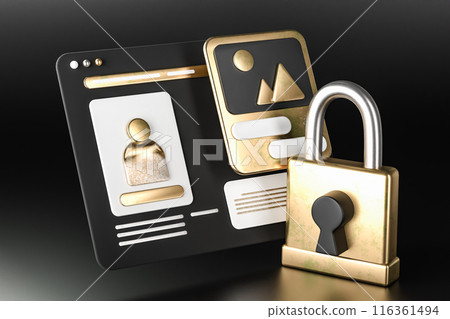 3D render of golden padlock and identity card web security 116361494
