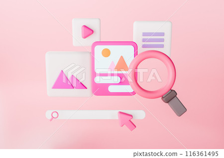3D render of pink search bar and magnifying glass with webpages 116361495
