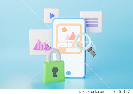3D render of mobile phone and padlock with search icon 116361497