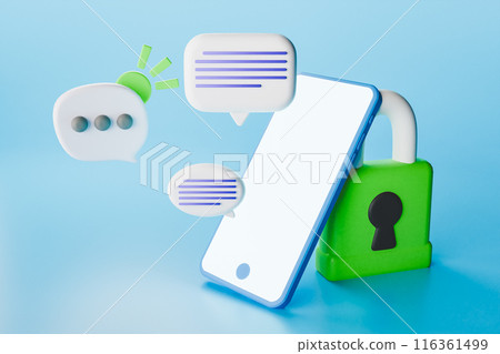 3D render of mobile phone and lock with speech bubbles 116361499
