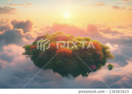 Fantasy island floating in a sea of clouds - AI-generated image 116361623