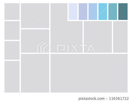 Photo collage template. Album brandboard, set portfolio images. Mood board background. Mosaic picture frame. Gallery banner. Vector illustration 116361722