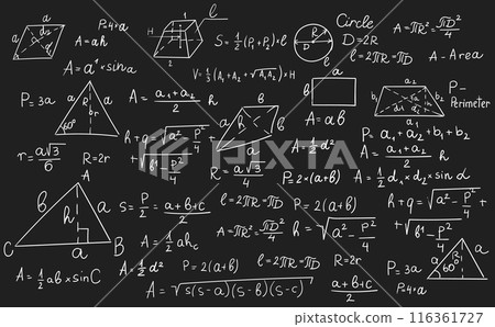 Geometry formulas, science and education background. Chalkboard inscribed with scientific formulas and calculations in physics and mathematics. Retro vector illustration Geometry formulas, science and education background. Chalkboard inscribed with scientific formulas and calculations in physics and mathematics. Retro vector illustration 116361727