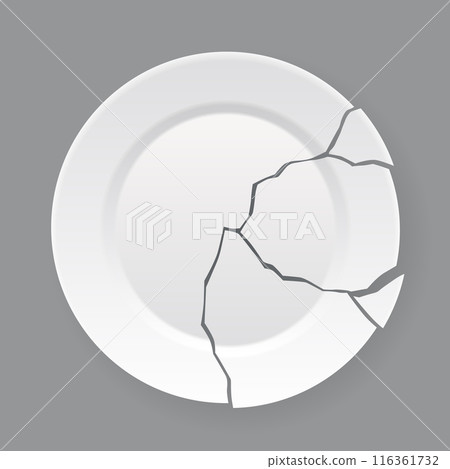 Broken white plate. Shattered food plate, cracked porcelain dish. Dishware with damage. Icon isolated on white background. Vector illustration 116361732