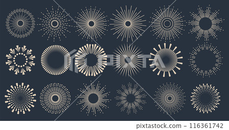 Sunbursts firework explosion, bursting or light rays, linear drawing and borders collection. Vector trendy hand drawn retro isolated design elements Sunbursts firework explosion, bursting or light rays, linear drawing and borders collection. Vector trendy hand drawn retro isolated design elements 116361742