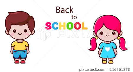 Back to school poster. Happy children. Cartoon characters boy and girl. Vector illustration 116361878