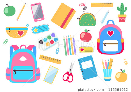 Set of school supplies. Back to school. School stationery. Vector flat illustration. Set of school supplies. Back to school. School stationery. Vector flat illustration. 116361912