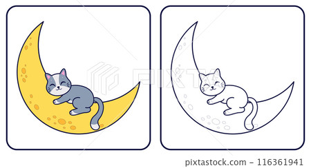 Cute gray cat sleeps on the moon. Vector coloring book Cute gray cat sleeps on the moon. Vector coloring book 116361941