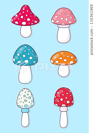 Set of multi-colored fly agarics. Vector stickers in flat style 116361969