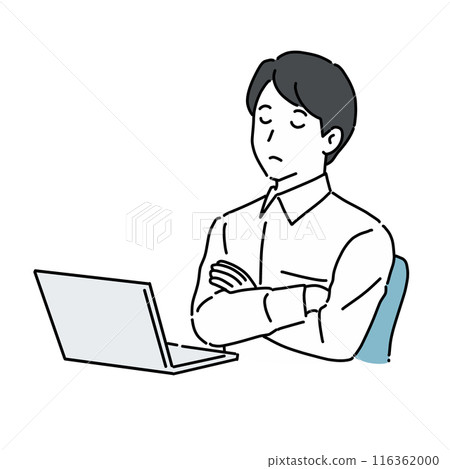 A man thinking with his arms folded while working on a computer 116362000