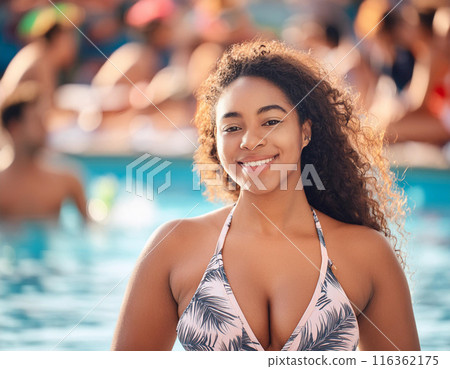 Happy Woman Smiling in Swimming Pool: Summer Holiday Bliss Happy Woman Smiling in Swimming Pool: Summer Holiday Bliss 116362175