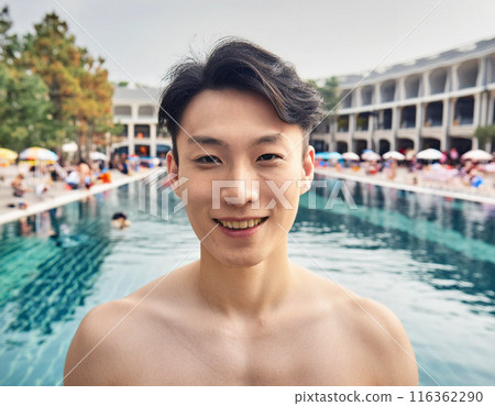 Happy Man Smiling in Swimming Pool: Summer Holiday Bliss 116362290
