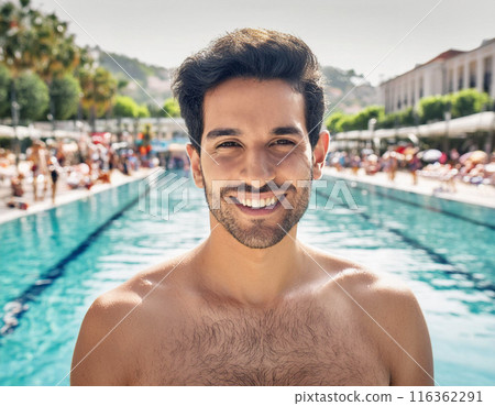 Happy Man Smiling in Swimming Pool: Summer Holiday Bliss 116362291