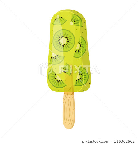 Kiwi fruit ice cream on stick. Fruity popsicle. Cold summer dessert flat style 116362662