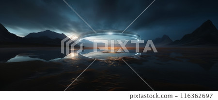 A mysterious floating ring floats above the ground, reflecting mountains and rivers in the sky, creating an otherworldly atmosphere 116362697